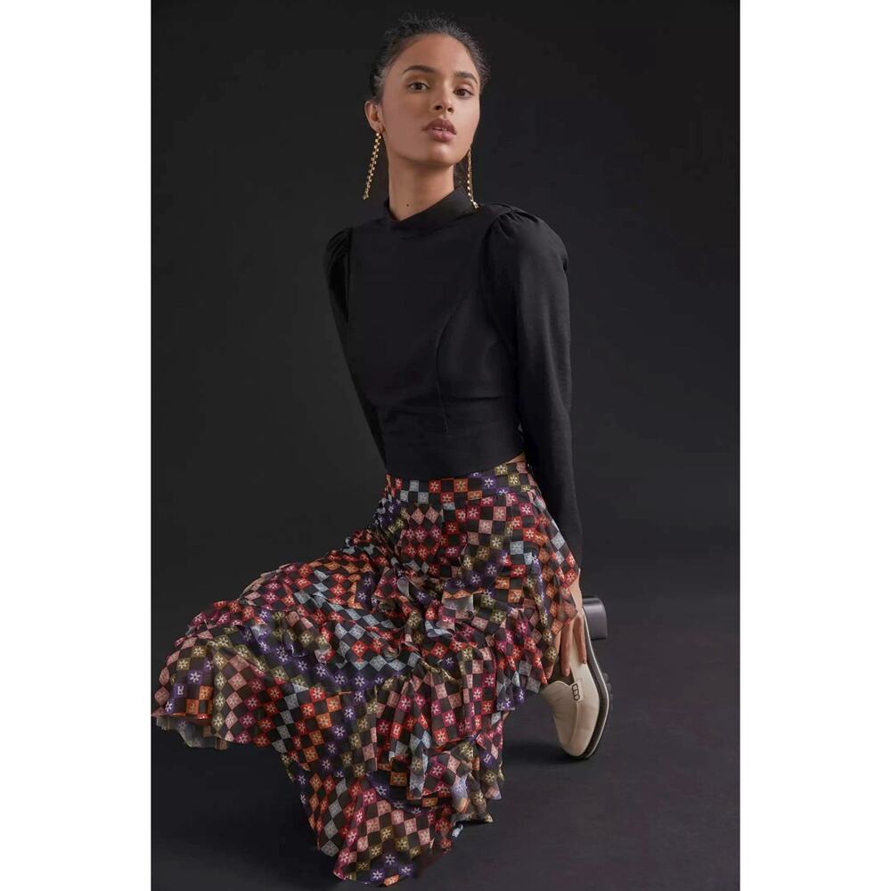 FARM RIO Mesh Check Midi Maxi Ruffle Tiered Skirt Anthropologie S NWT $160 - Picture 2 of 11